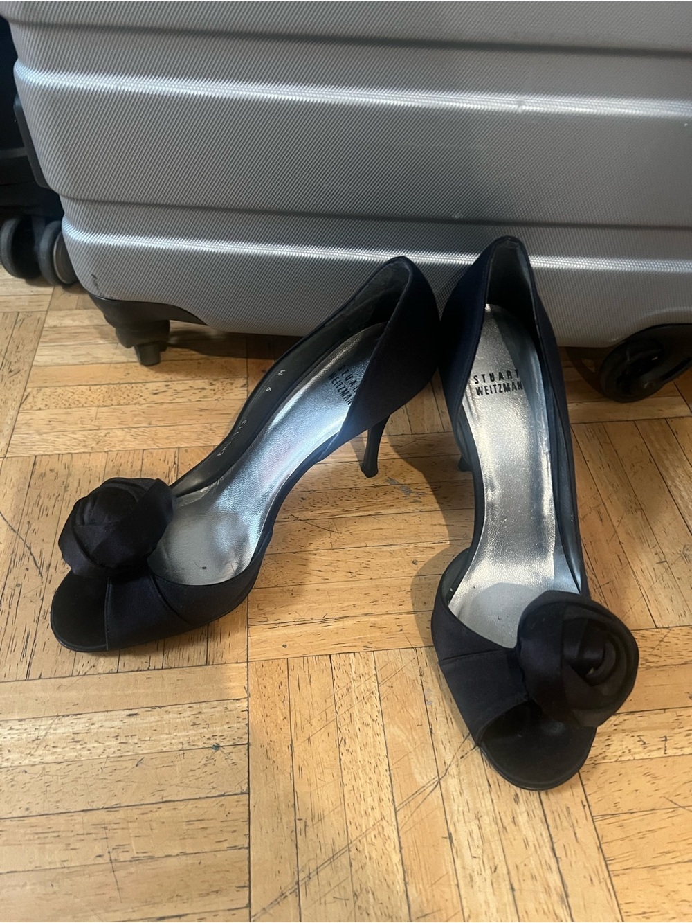 Stuart Weitzman Black Satin Peep-Toe Heels with Rosette